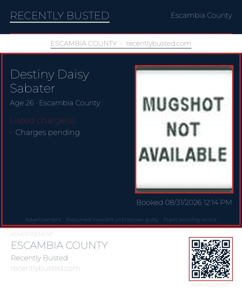 Destiny Daisy Sabater — arrest record card, Escambia County, Florida
