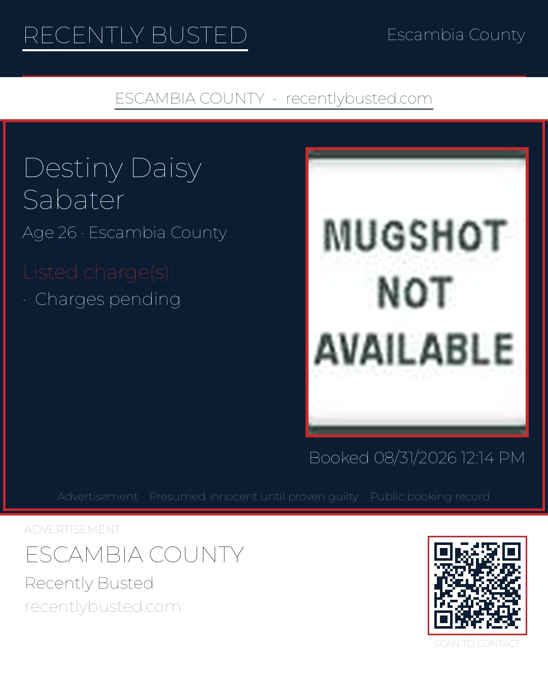Destiny Daisy Sabater — arrest record card, Escambia County, Florida