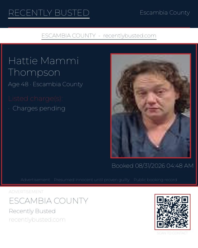 Hattie Mammi Thompson — arrest record card, Escambia County, Florida