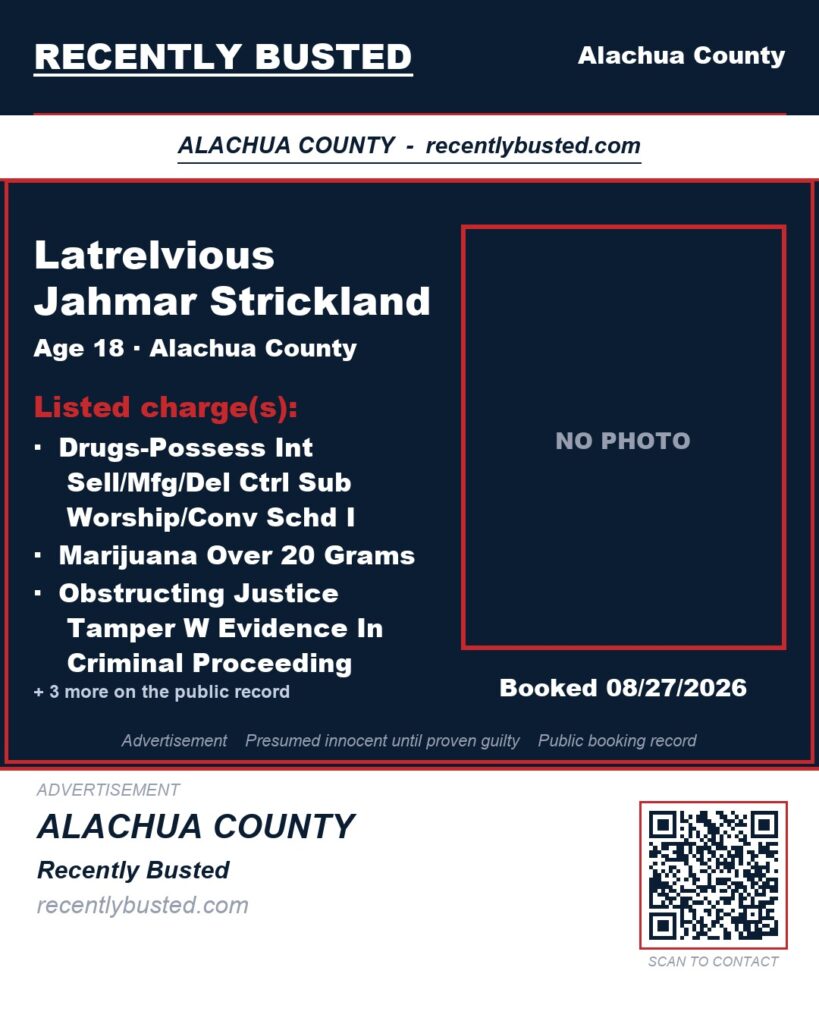 Latrelvious Jahmar Strickland — arrest record card, Alachua County, Florida