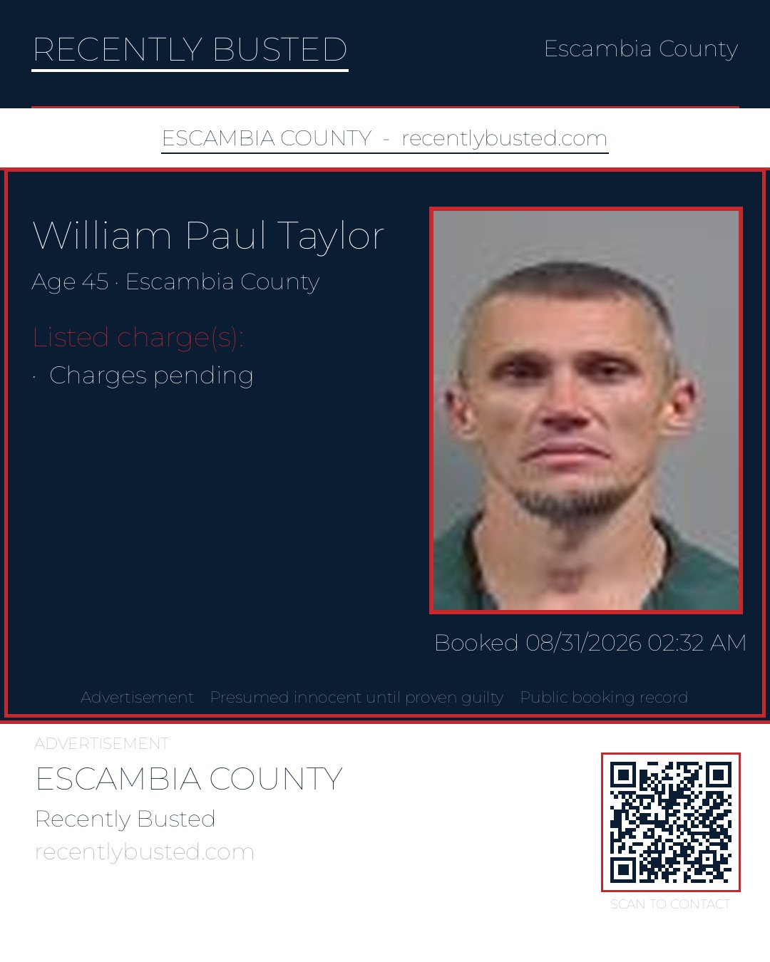 William Paul Taylor — arrest record card, Escambia County, Florida