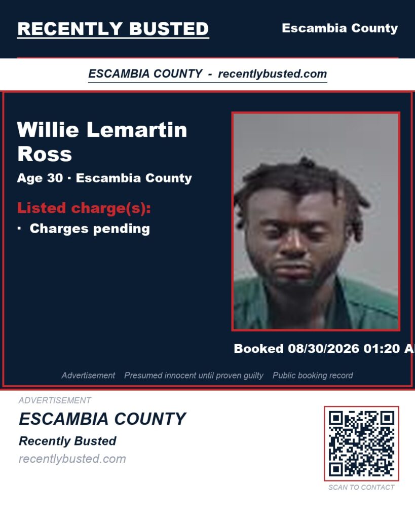 Willie Lemartin Ross — arrest record card, Escambia County, Florida