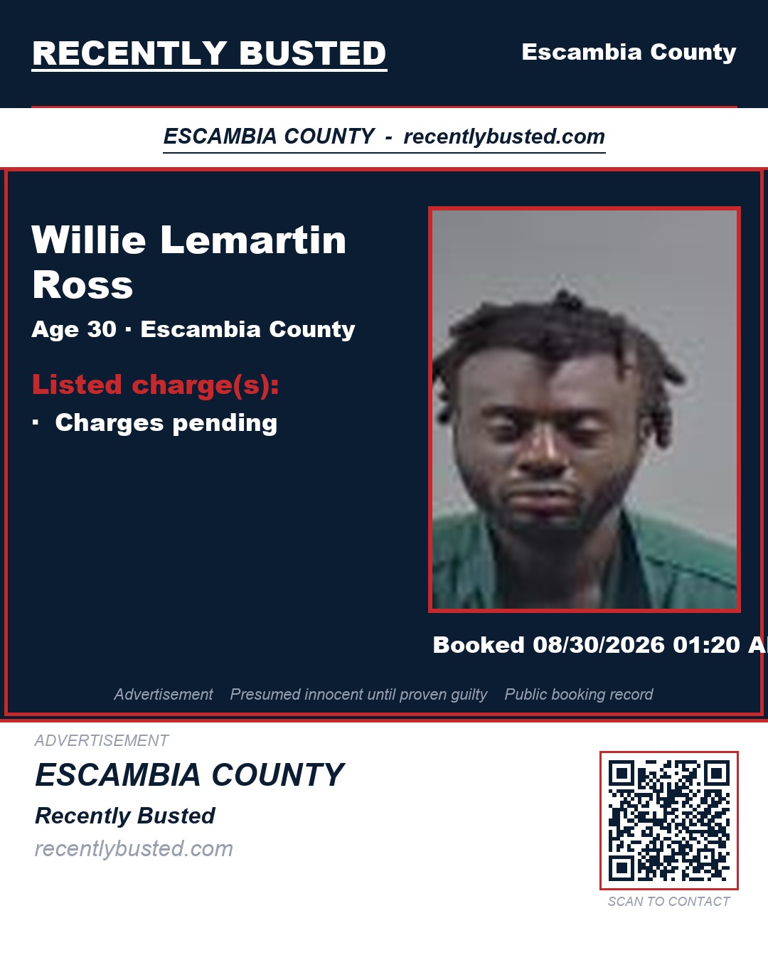 Willie Lemartin Ross — arrest record card, Escambia County, Florida