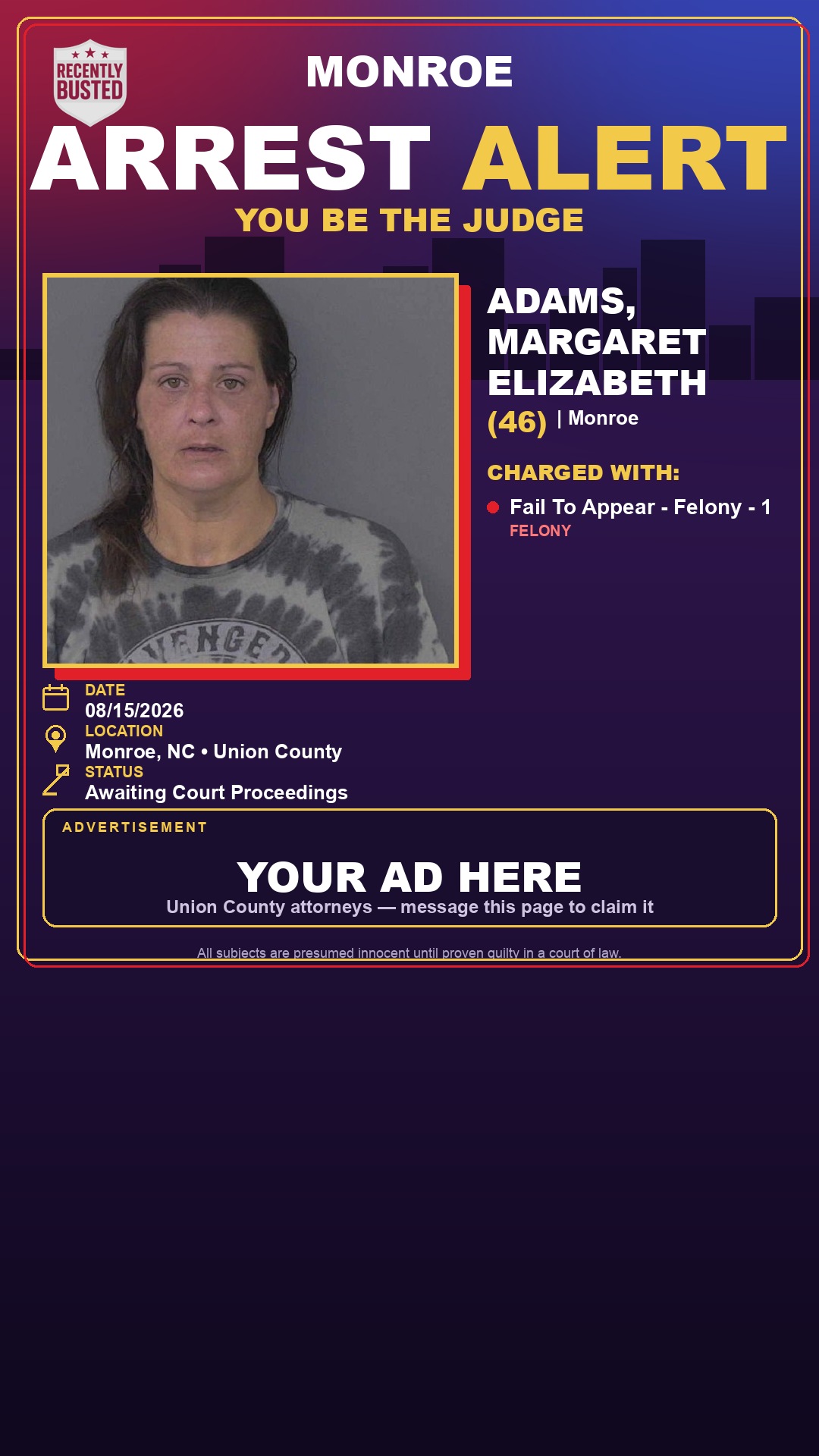 Arrest report - ADAMS, MARGARET ELIZABETH