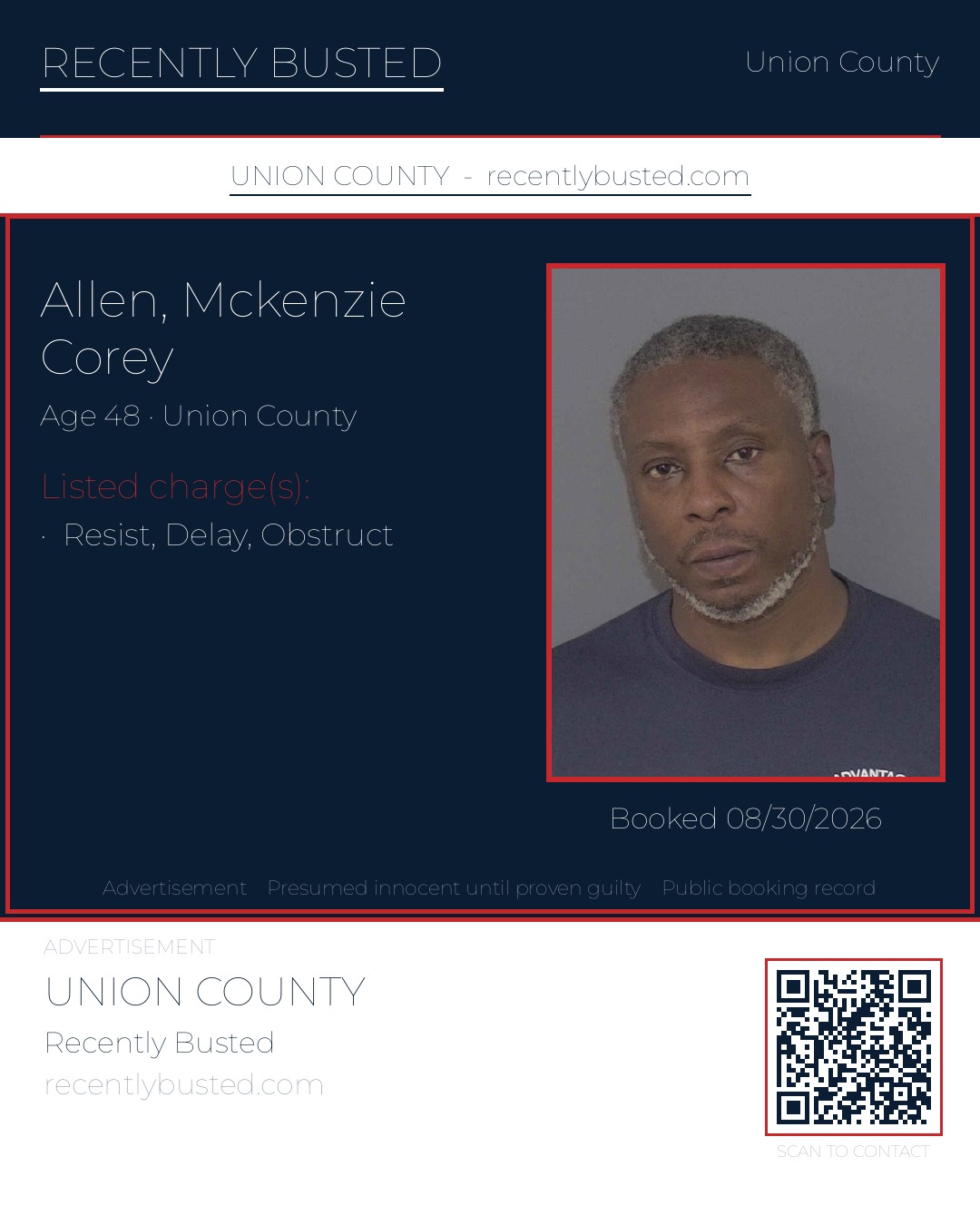 ALLEN, MCKENZIE COREY — arrest record card, Union County, North Carolina