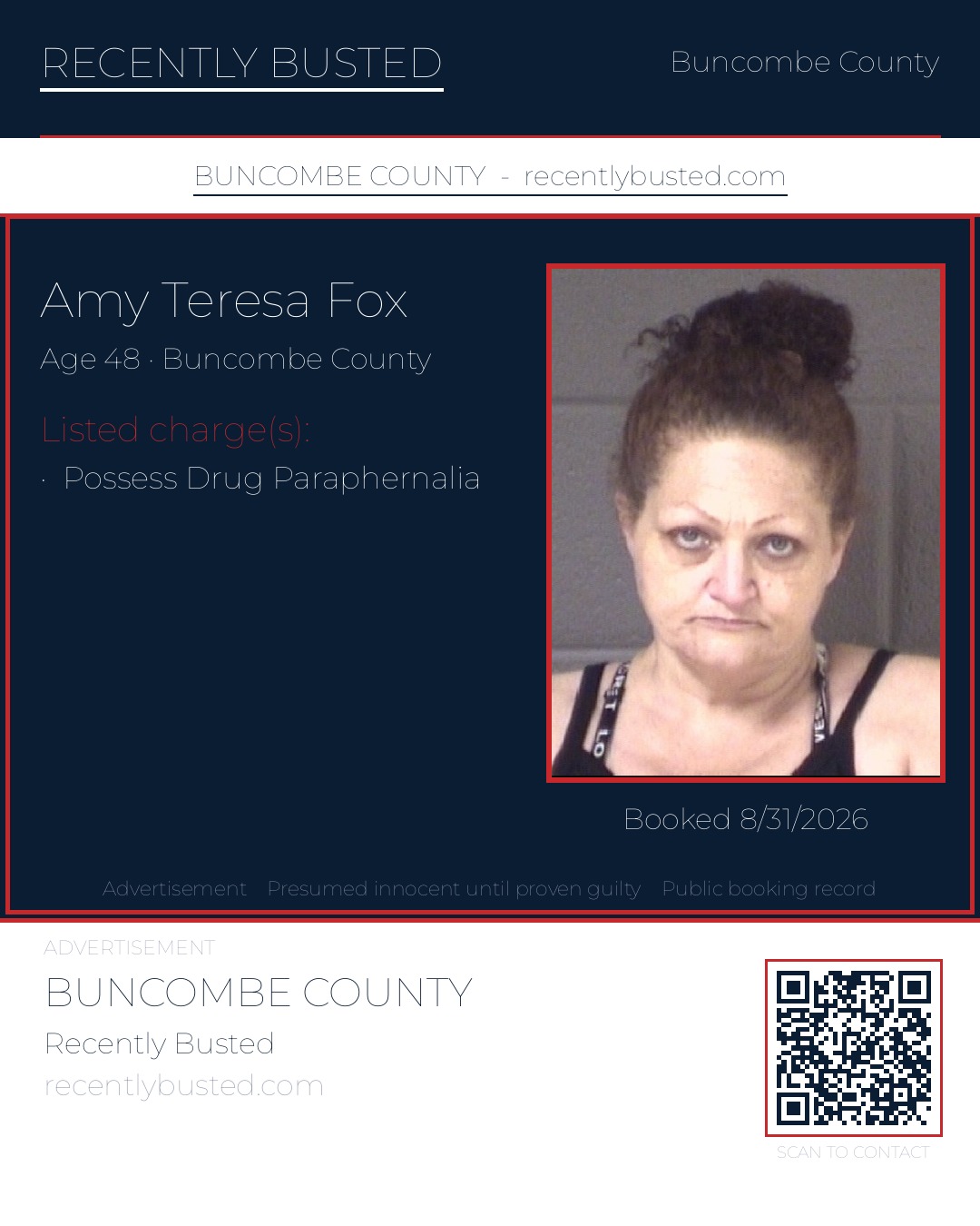 AMY TERESA FOX — arrest record card, Buncombe County, North Carolina
