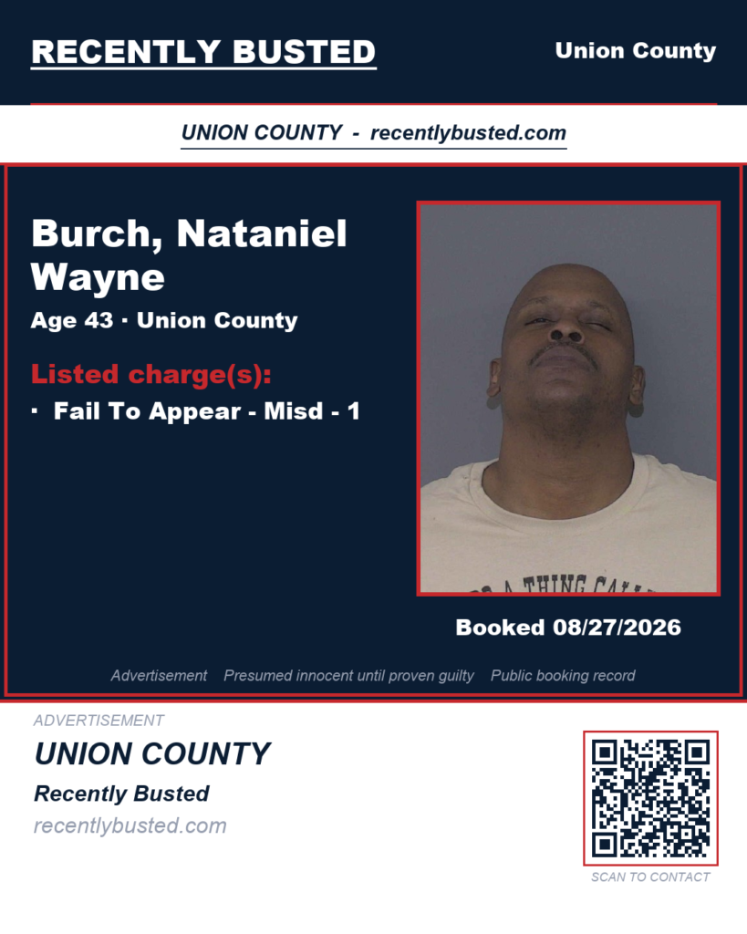 BURCH, NATANIEL WAYNE — arrest record card, Union County, North Carolina