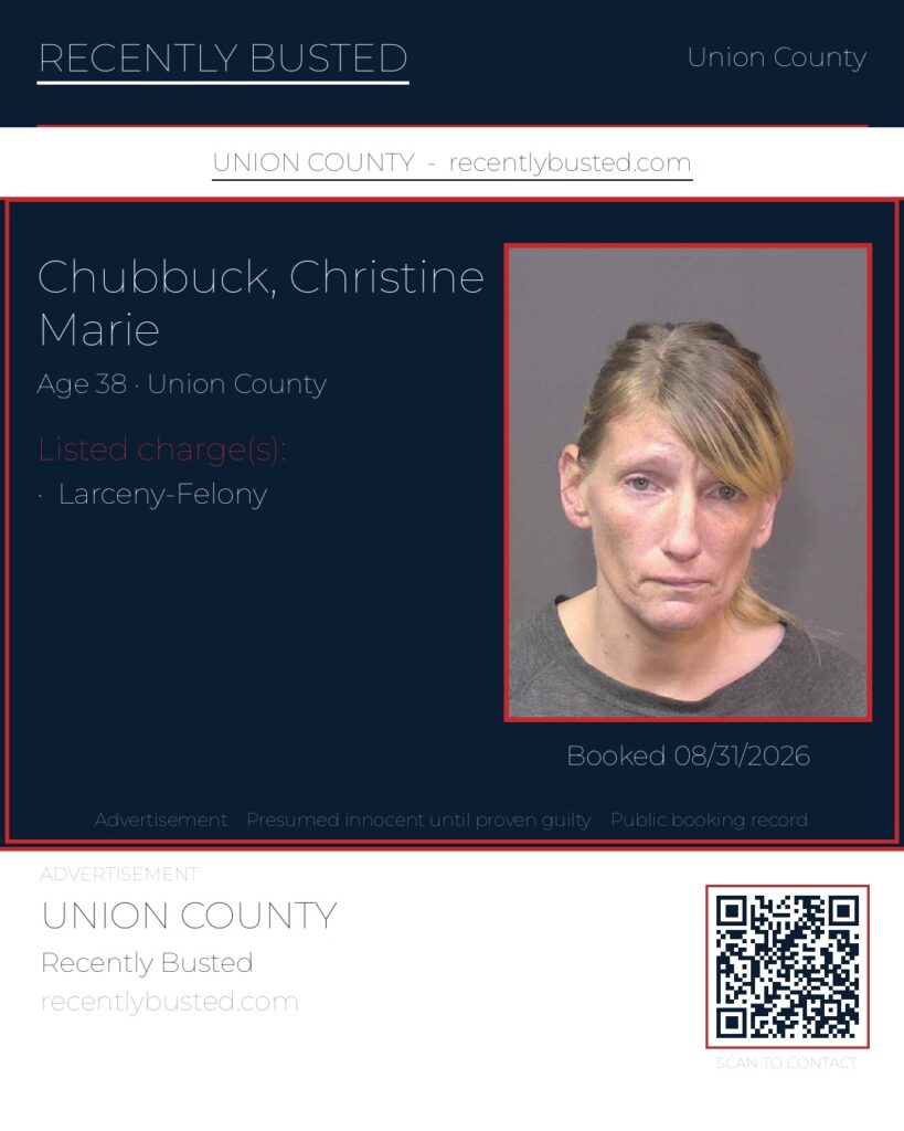 CHUBBUCK, CHRISTINE MARIE — arrest record card, Union County, North Carolina