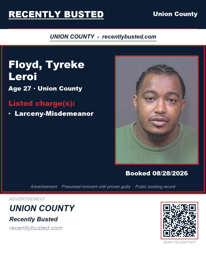 FLOYD, TYREKE LEROI — arrest record card, Union County, North Carolina