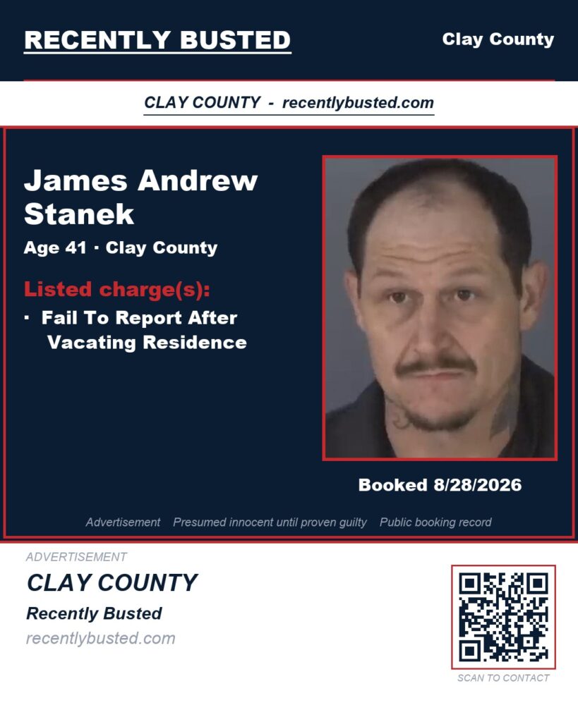 JAMES ANDREW STANEK — arrest record card, Clay County, Florida