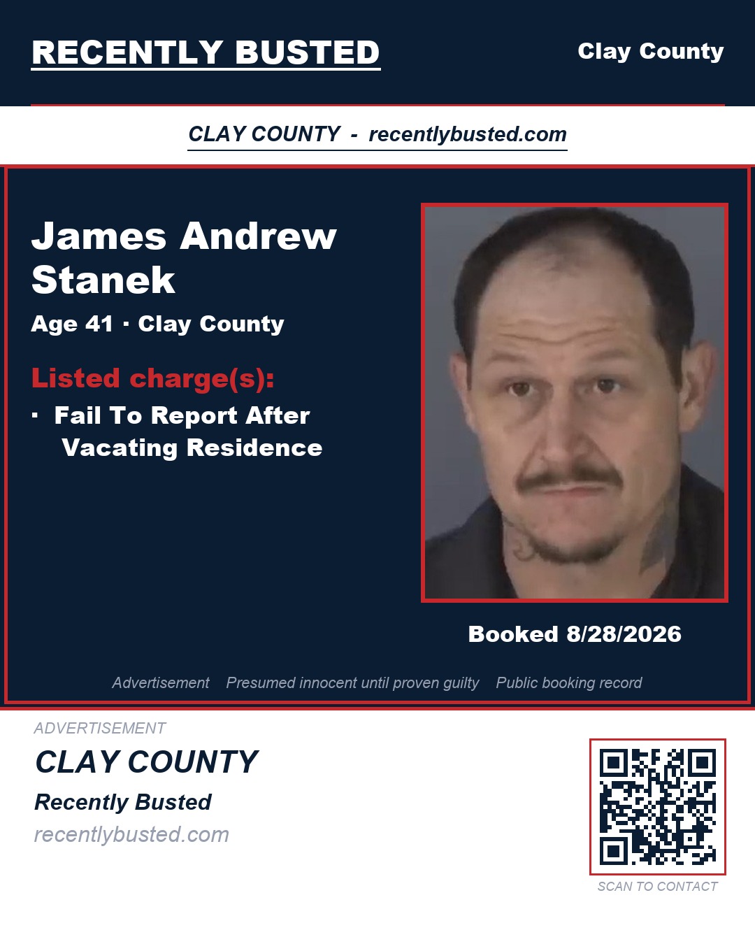 JAMES ANDREW STANEK — arrest record card, Clay County, Florida