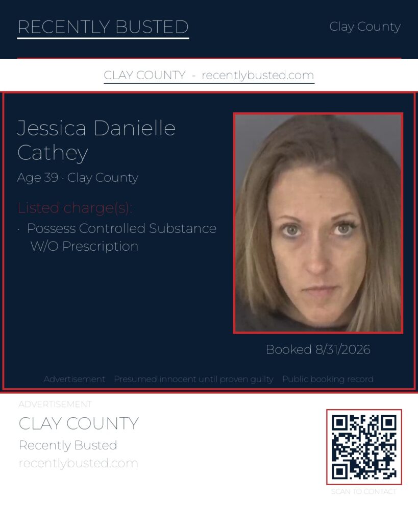 JESSICA DANIELLE CATHEY — arrest record card, Clay County, Florida