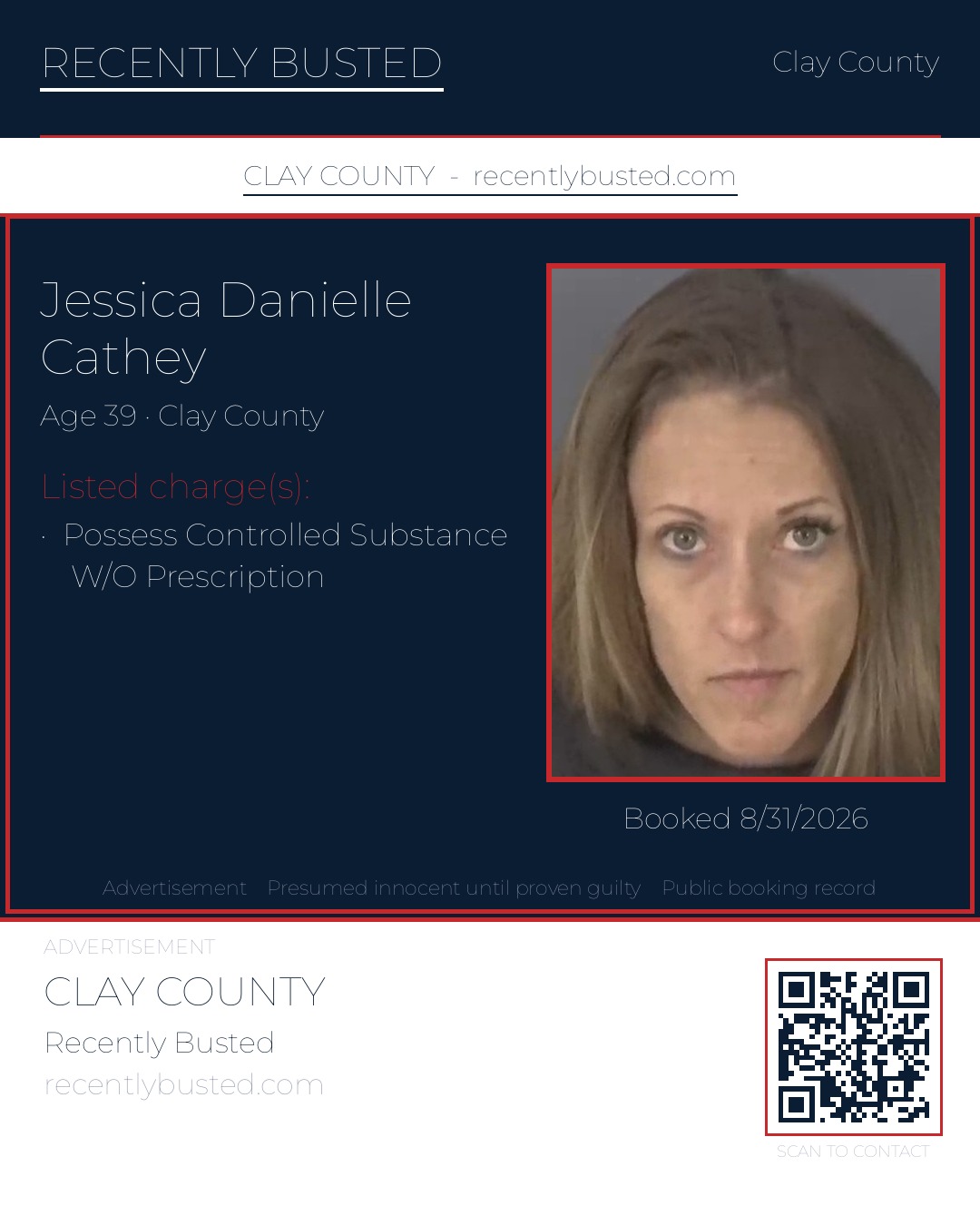 JESSICA DANIELLE CATHEY — arrest record card, Clay County, Florida
