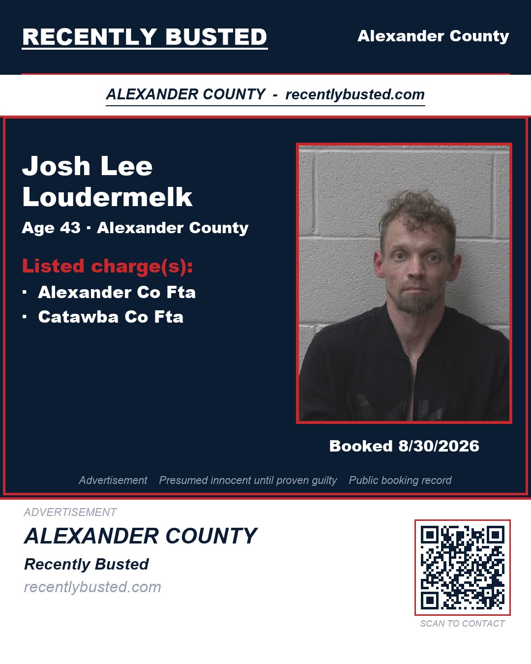 JOSH LEE LOUDERMELK — arrest record card, Alexander County, North Carolina