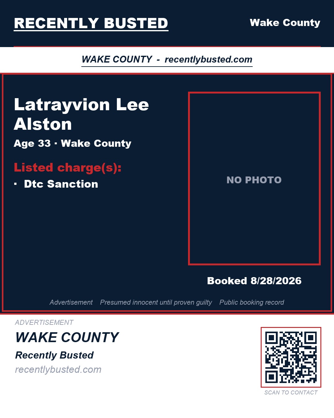 LATRAYVION LEE ALSTON — arrest record card, Wake County, North Carolina