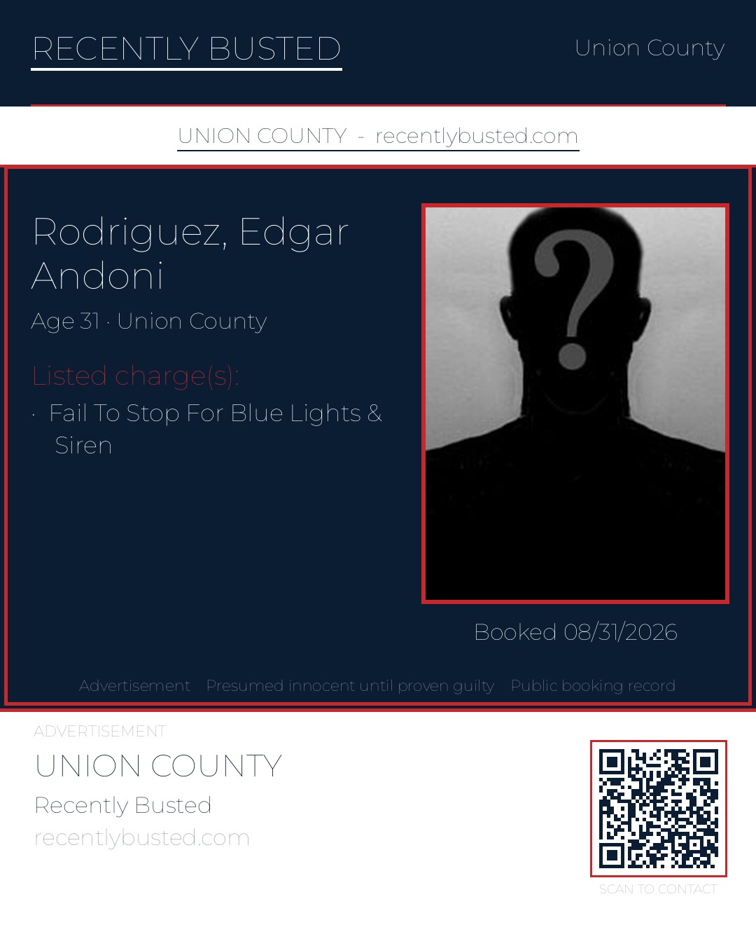 RODRIGUEZ, EDGAR ANDONI — arrest record card, Union County, North Carolina