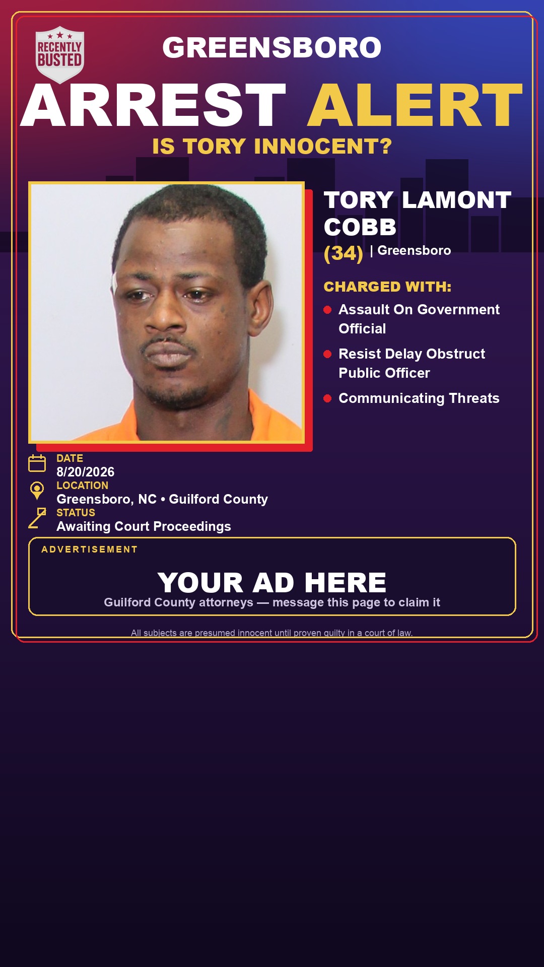 Arrest report - TORY LAMONT COBB