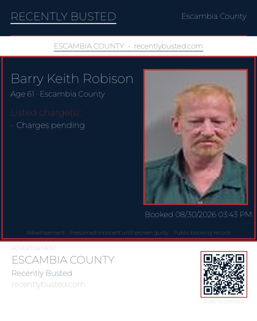 Barry Keith Robison — arrest record card, Escambia County, Florida