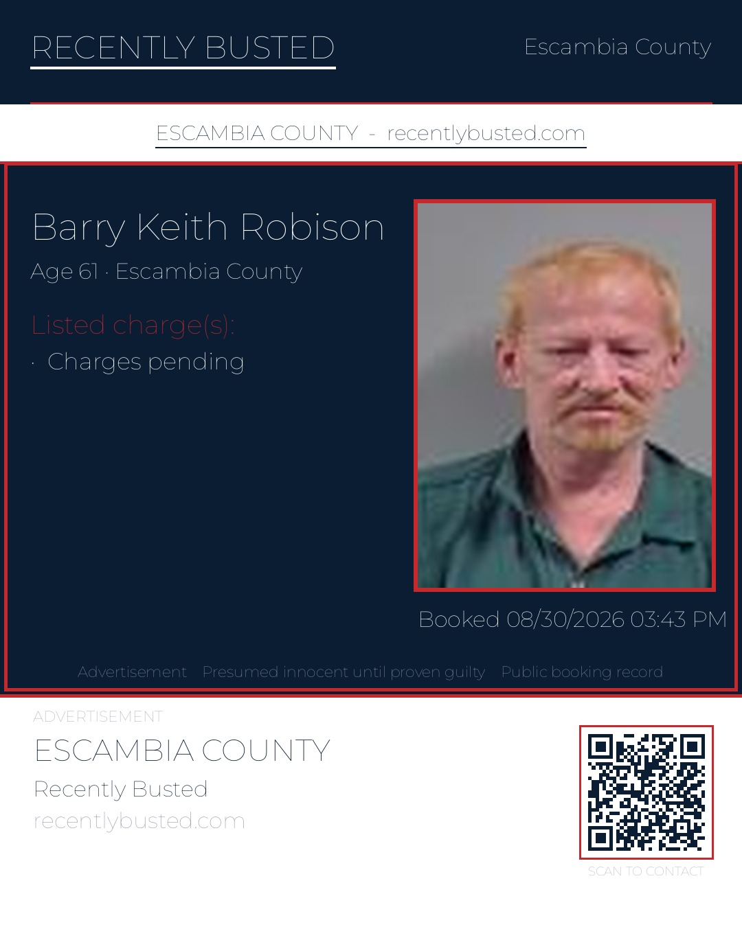 Barry Keith Robison — arrest record card, Escambia County, Florida