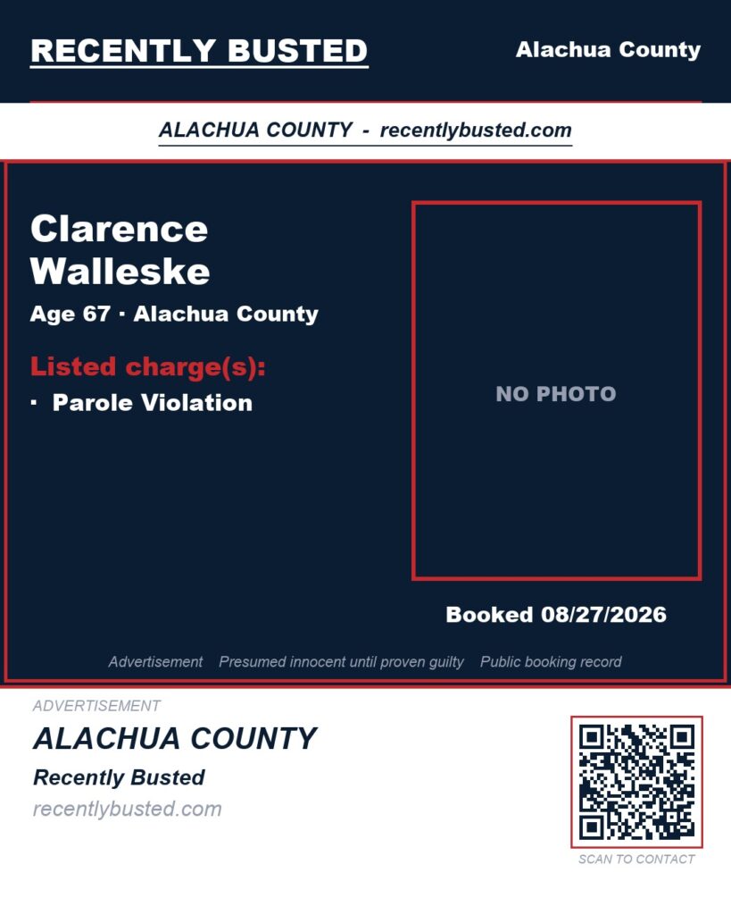 Clarence Walleske — arrest record card, Alachua County, Florida