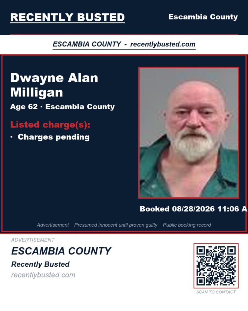 Dwayne Alan Milligan — arrest record card, Escambia County, Florida