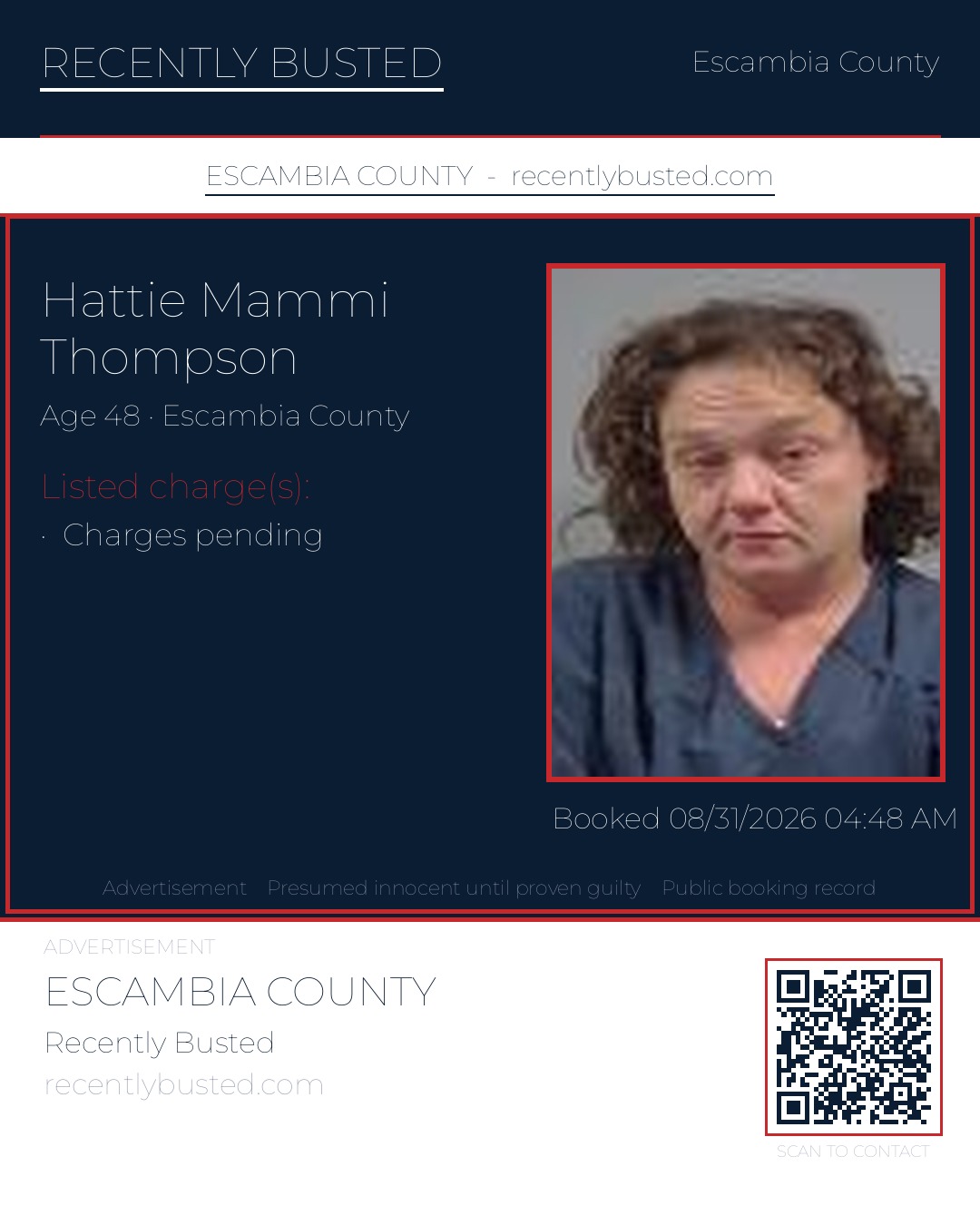 Hattie Mammi Thompson — arrest record card, Escambia County, Florida