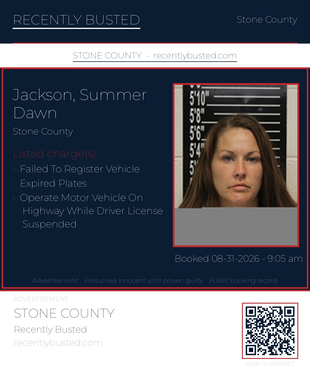 Jackson, Summer Dawn — arrest record card, Stone County