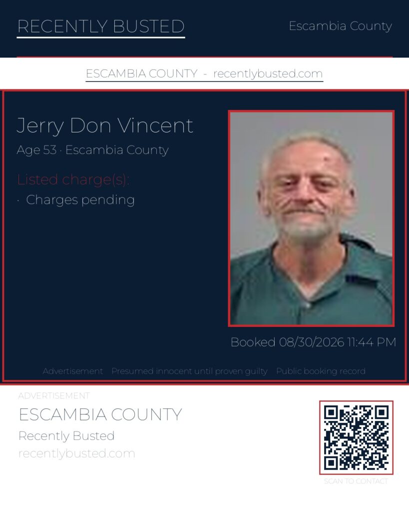 Jerry Don Vincent — arrest record card, Escambia County, Florida