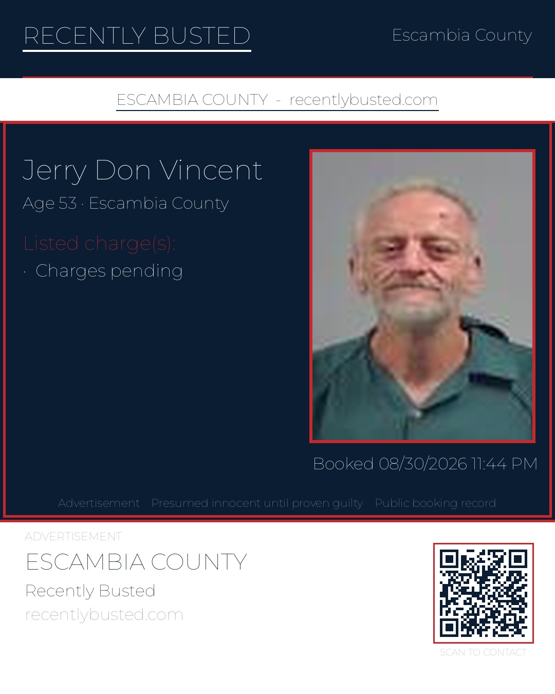 Jerry Don Vincent — arrest record card, Escambia County, Florida