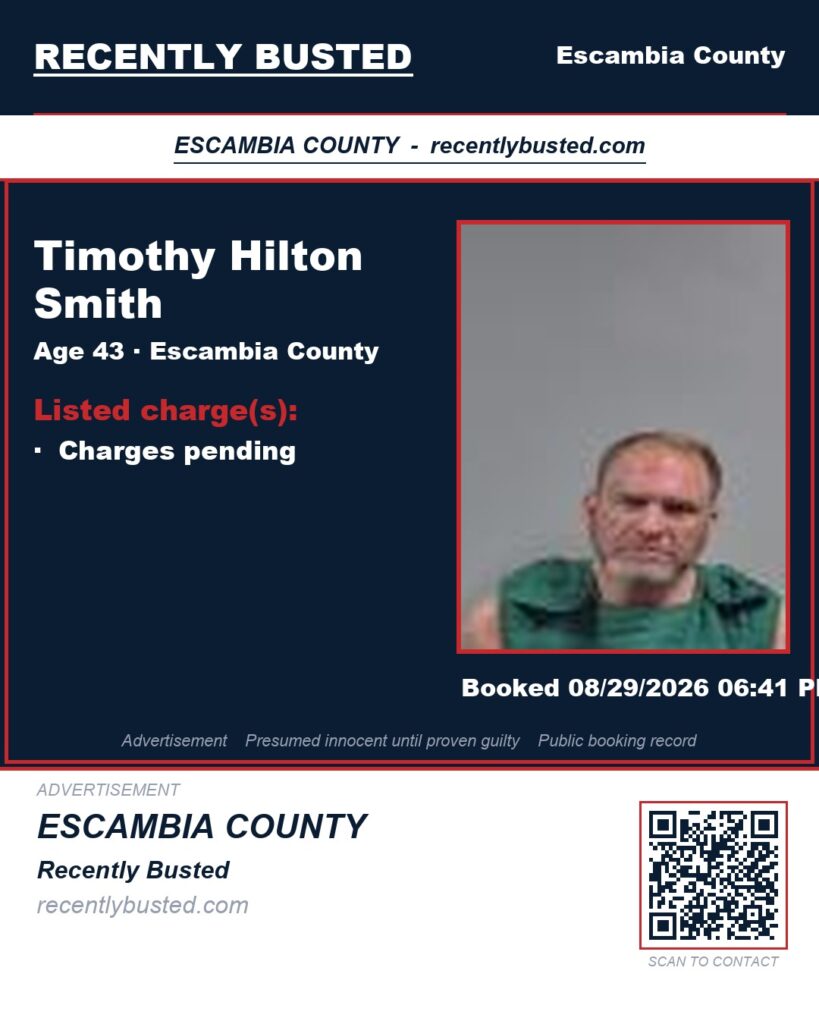 Timothy Hilton Smith — arrest record card, Escambia County, Florida