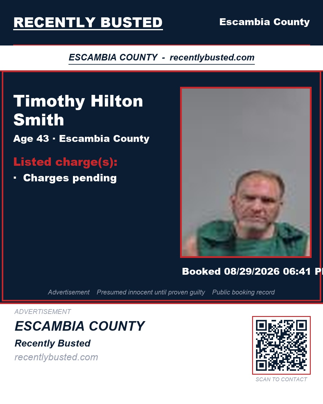 Timothy Hilton Smith — arrest record card, Escambia County, Florida
