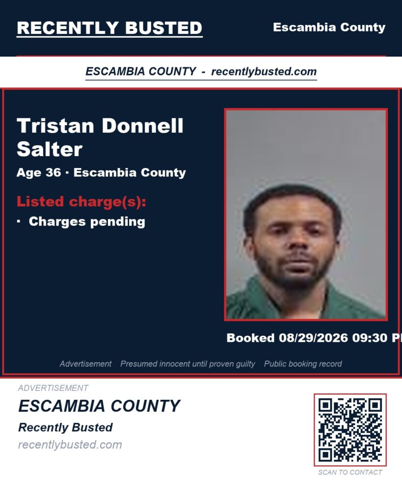 Tristan Donnell Salter — arrest record card, Escambia County, Florida