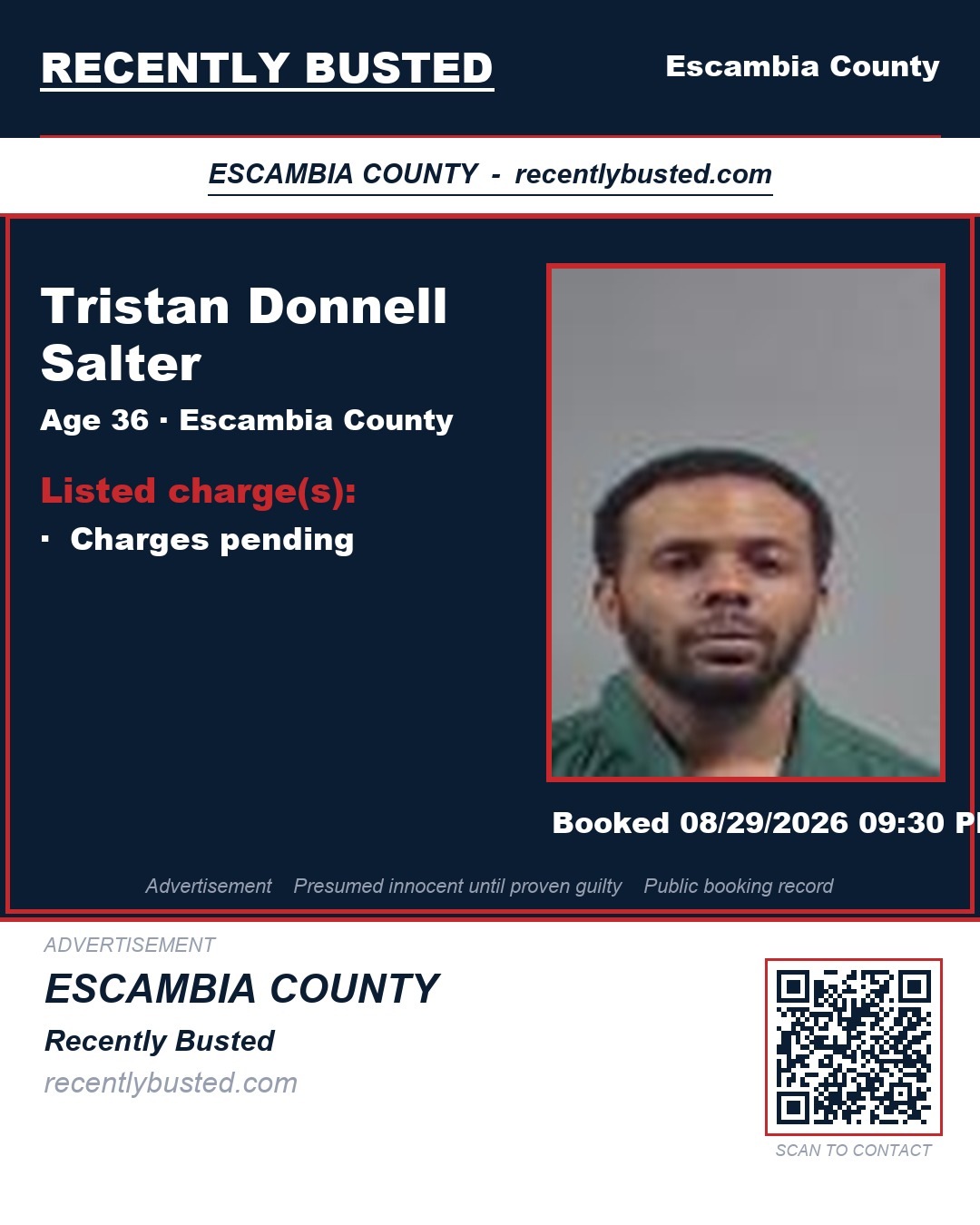 Tristan Donnell Salter — arrest record card, Escambia County, Florida