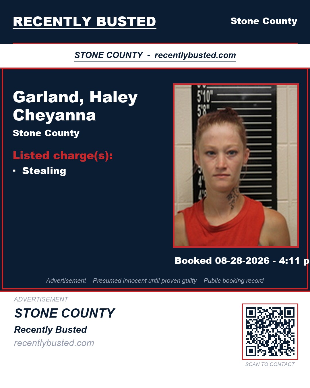 Garland, Haley Cheyanna — arrest record card, Stone County