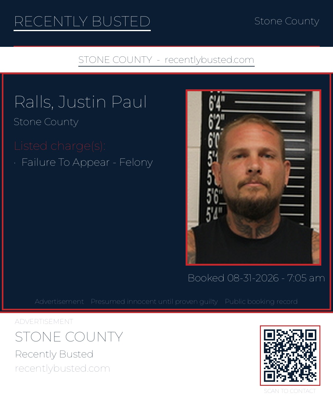 Ralls, Justin Paul — arrest record card, Stone County