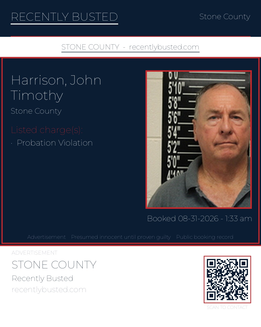 Harrison, John Timothy — arrest record card, Stone County