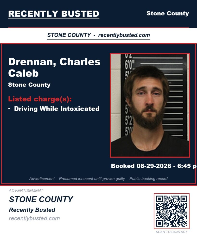 Drennan, Charles Caleb — arrest record card, Stone County
