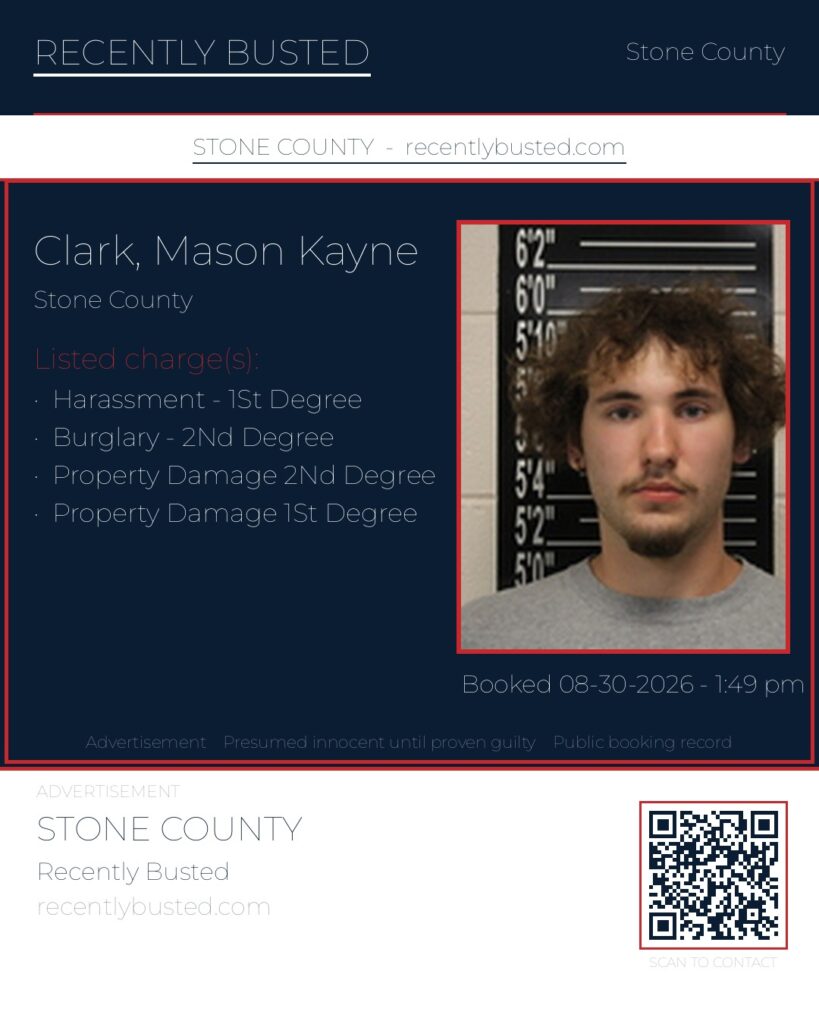 Clark, Mason Kayne — arrest record card, Stone County