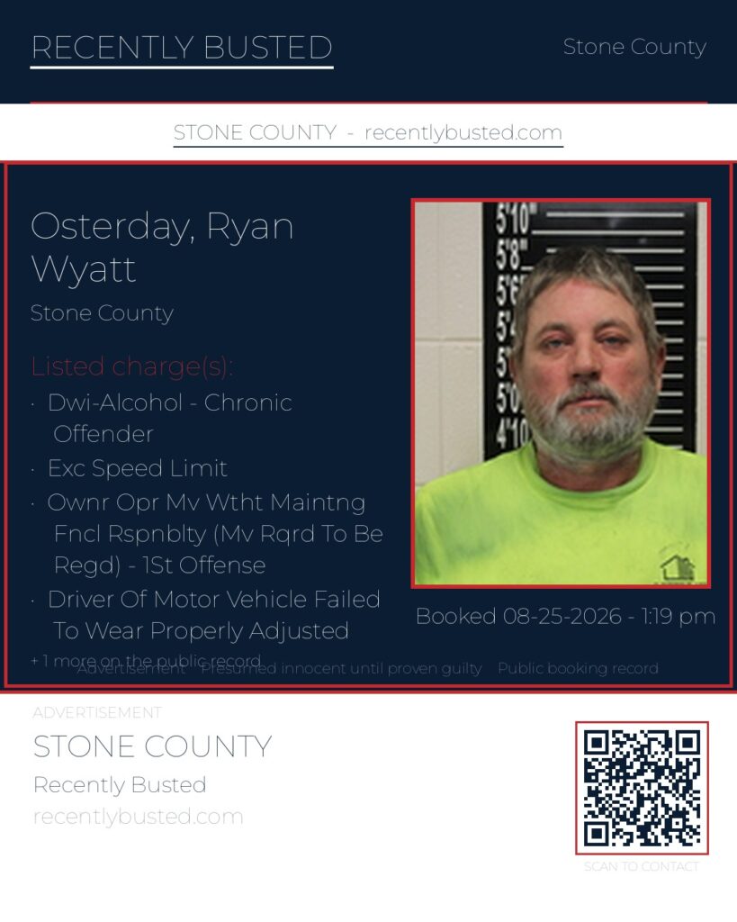 Osterday, Ryan Wyatt — arrest record card, Stone County