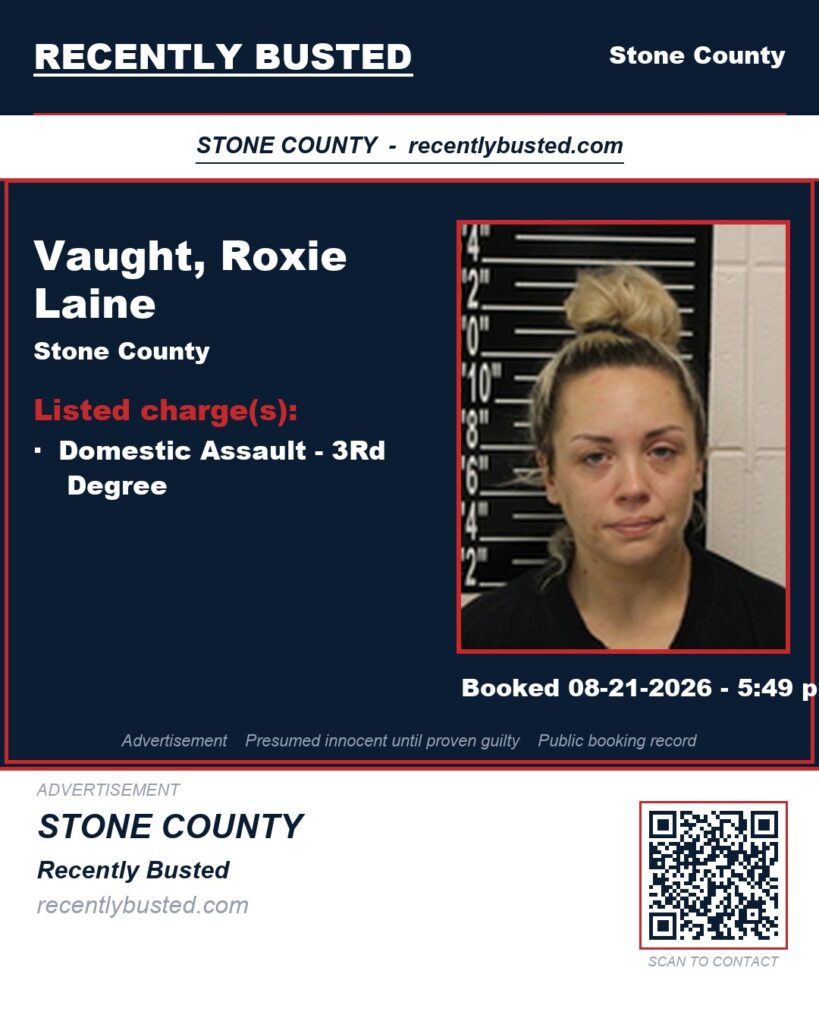 Vaught, Roxie Laine — arrest record card, Stone County