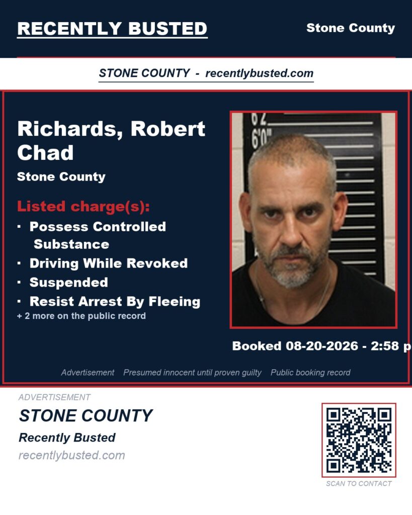 Richards, Robert Chad — arrest record card, Stone County