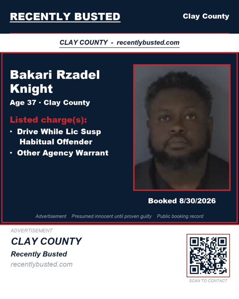 BAKARI RZADEL KNIGHT — arrest record card, Clay County, Florida