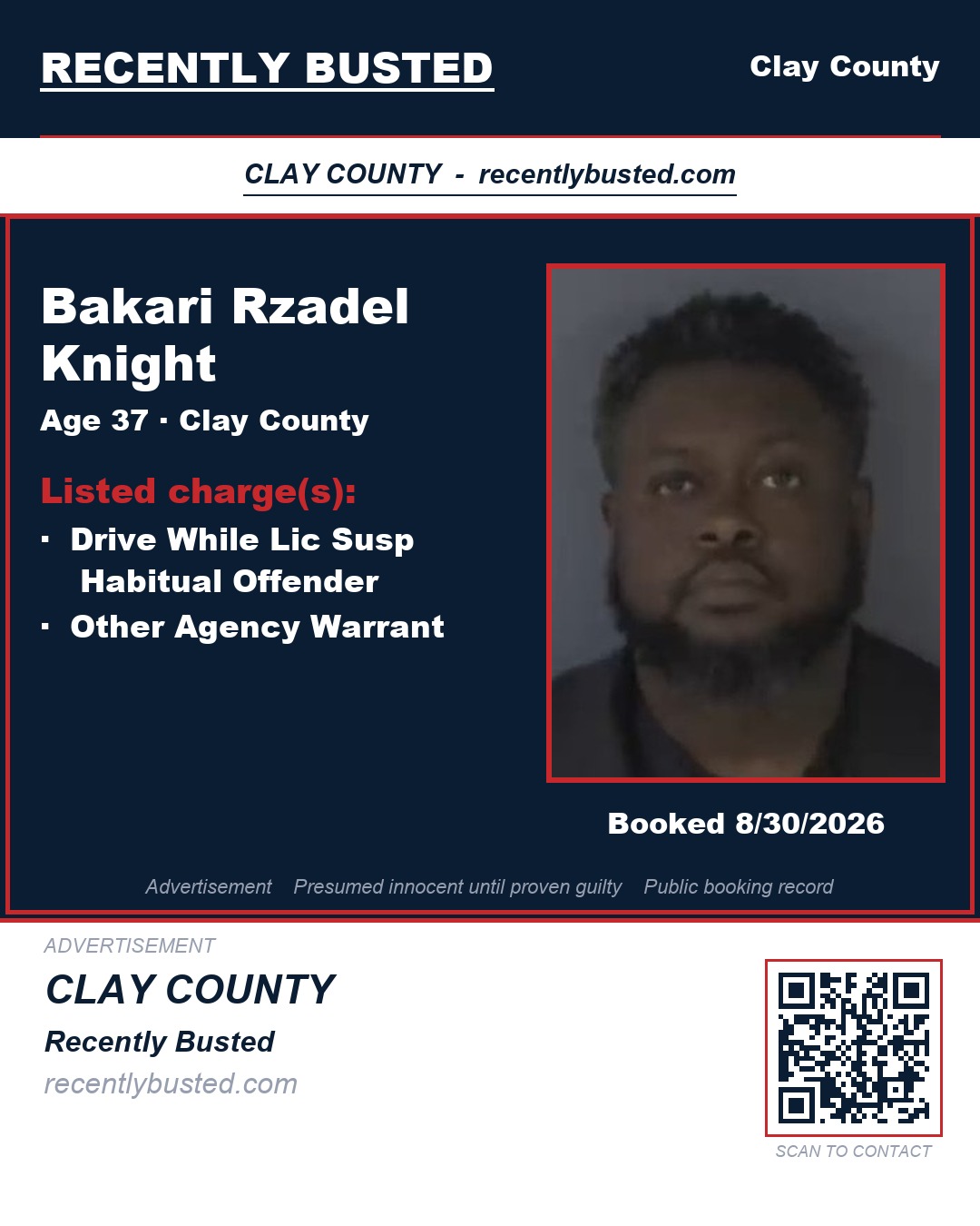 BAKARI RZADEL KNIGHT — arrest record card, Clay County, Florida