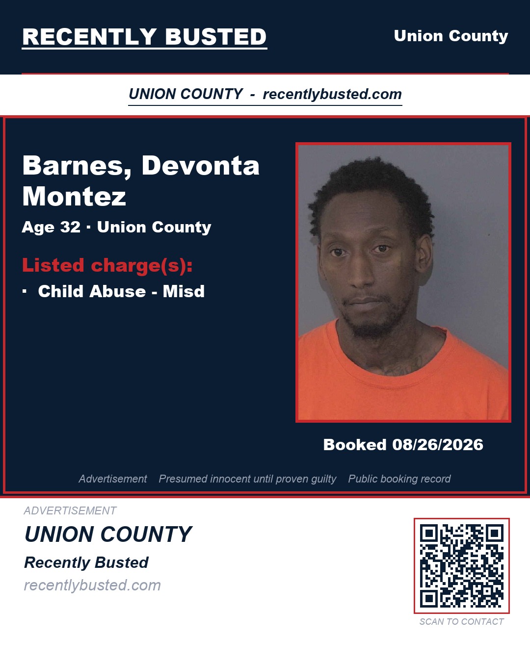BARNES, DEVONTA MONTEZ — arrest record card, Union County, North Carolina