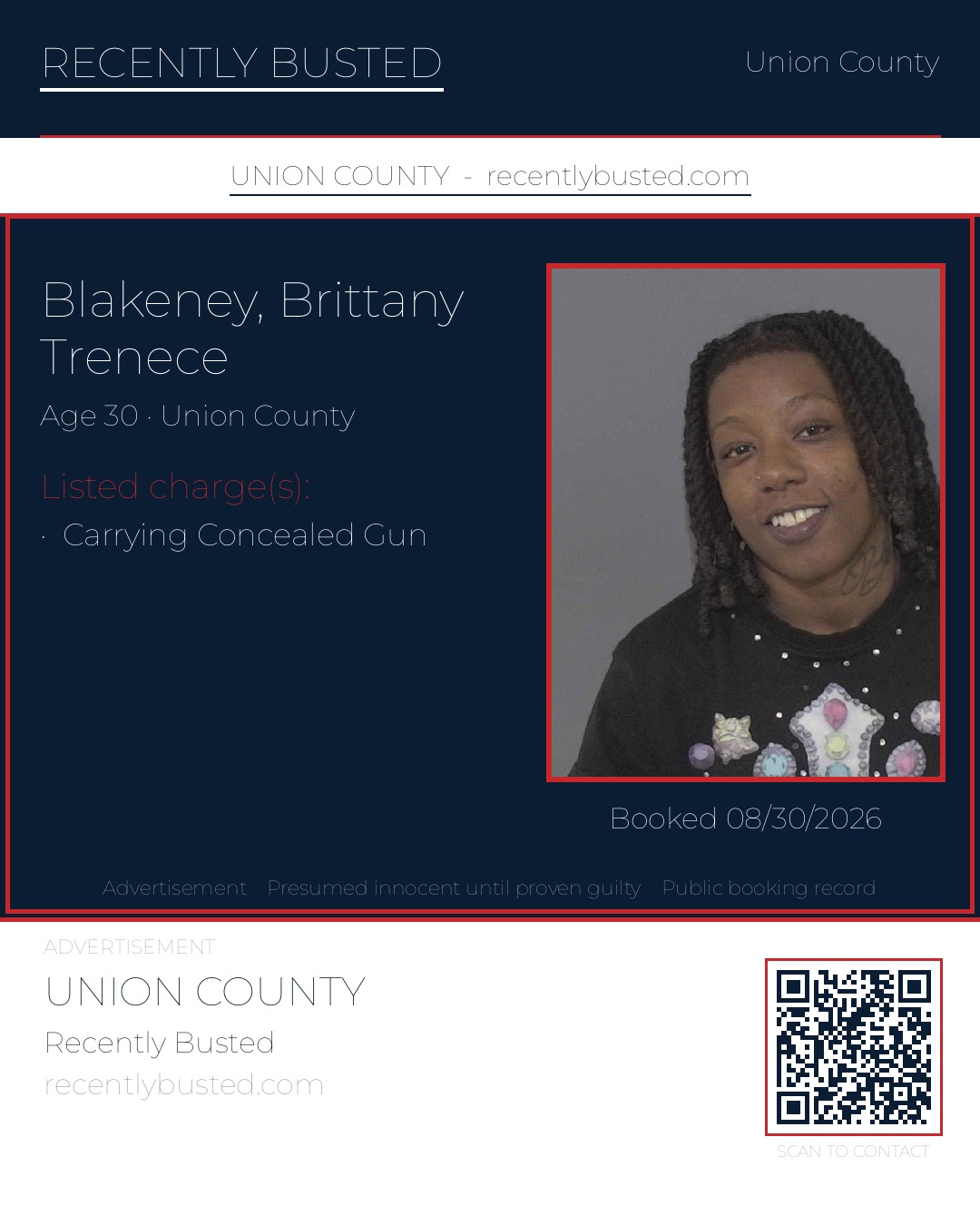 BLAKENEY, BRITTANY TRENECE — arrest record card, Union County, North Carolina