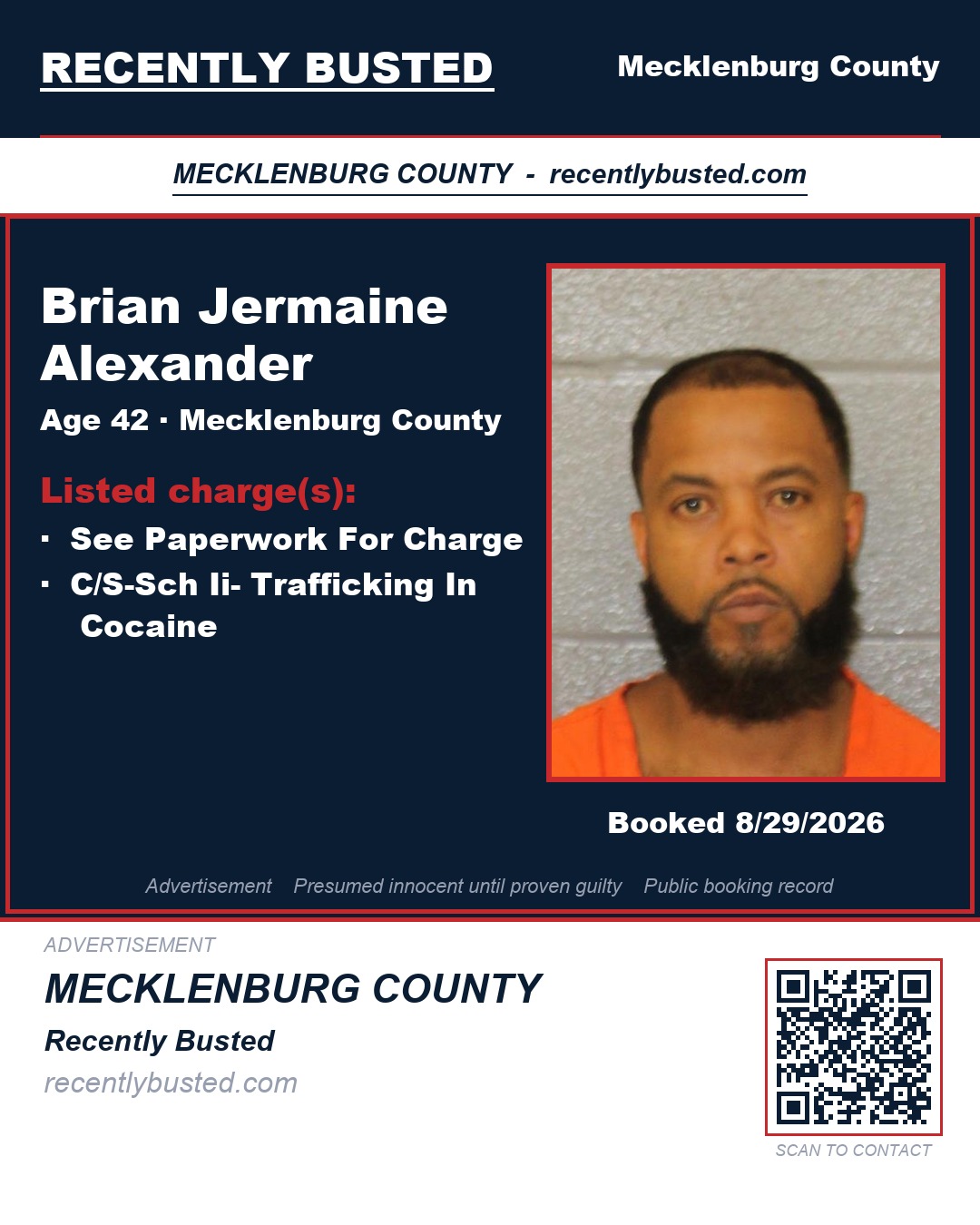 BRIAN JERMAINE ALEXANDER — arrest record card, Mecklenburg County, North Carolina