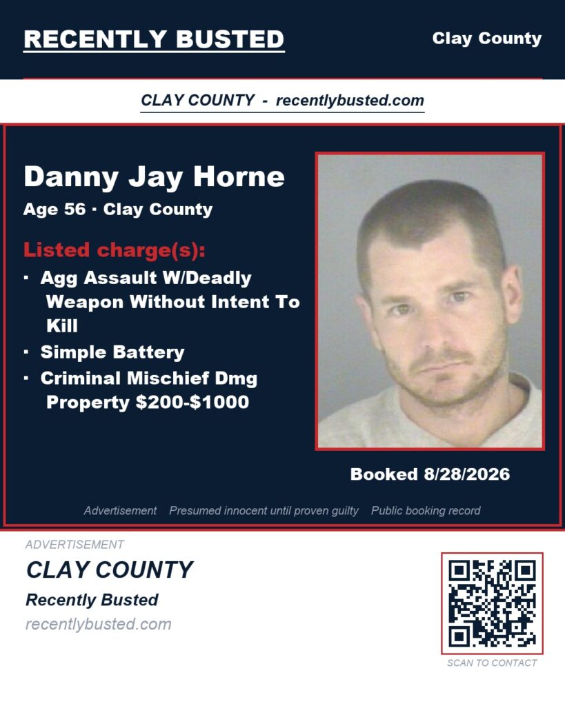 DANNY JAY HORNE — arrest record card, Clay County, Florida