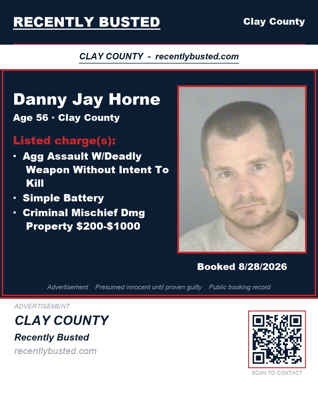 DANNY JAY HORNE — arrest record card, Clay County, Florida