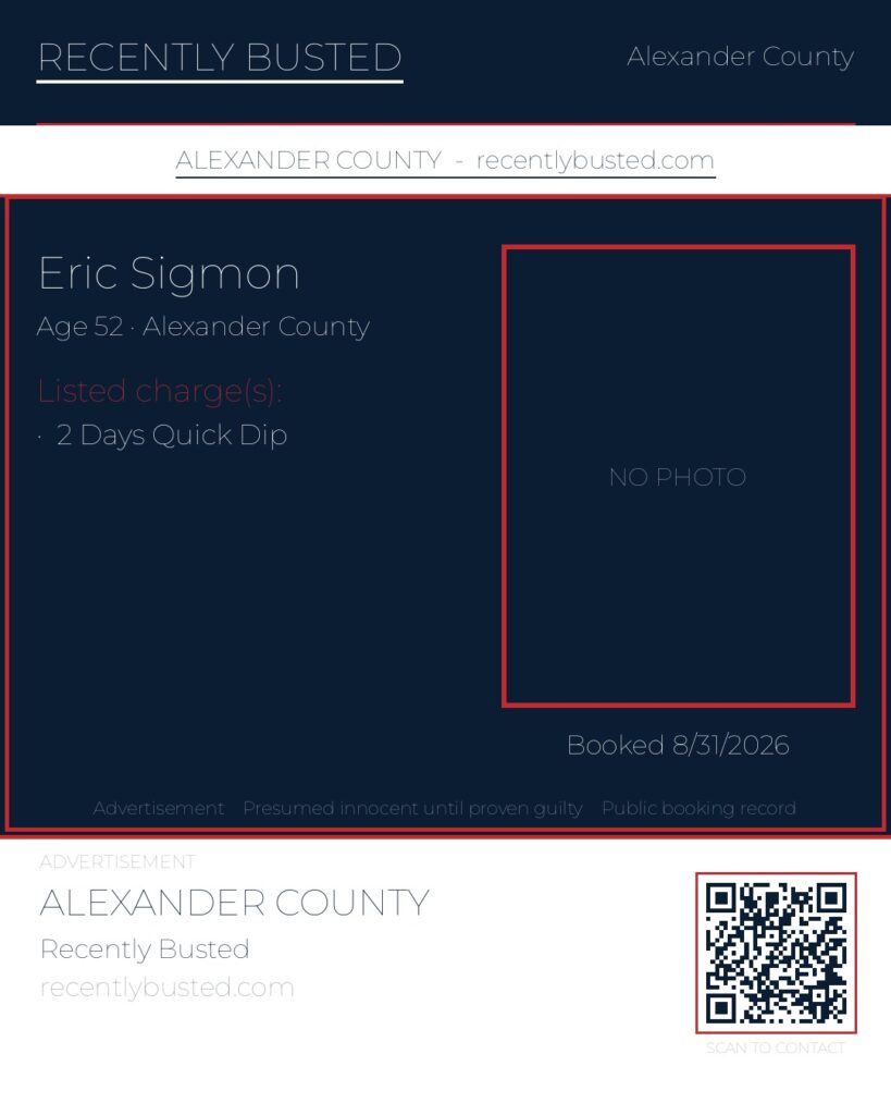 ERIC SIGMON — arrest record card, Alexander County, North Carolina