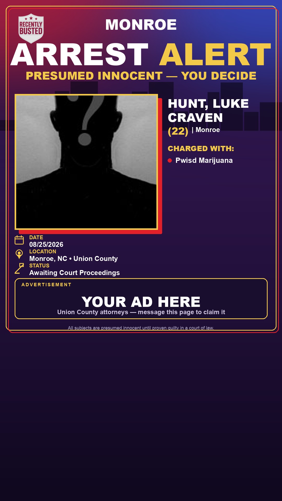 Arrest report - HUNT, LUKE CRAVEN